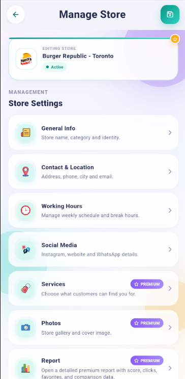 Manage Store ekranı bölüm 1