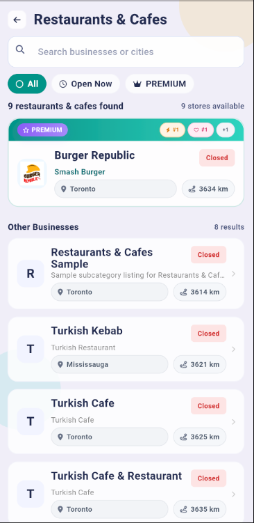 Restoranlar ve kafeler liste ekranı